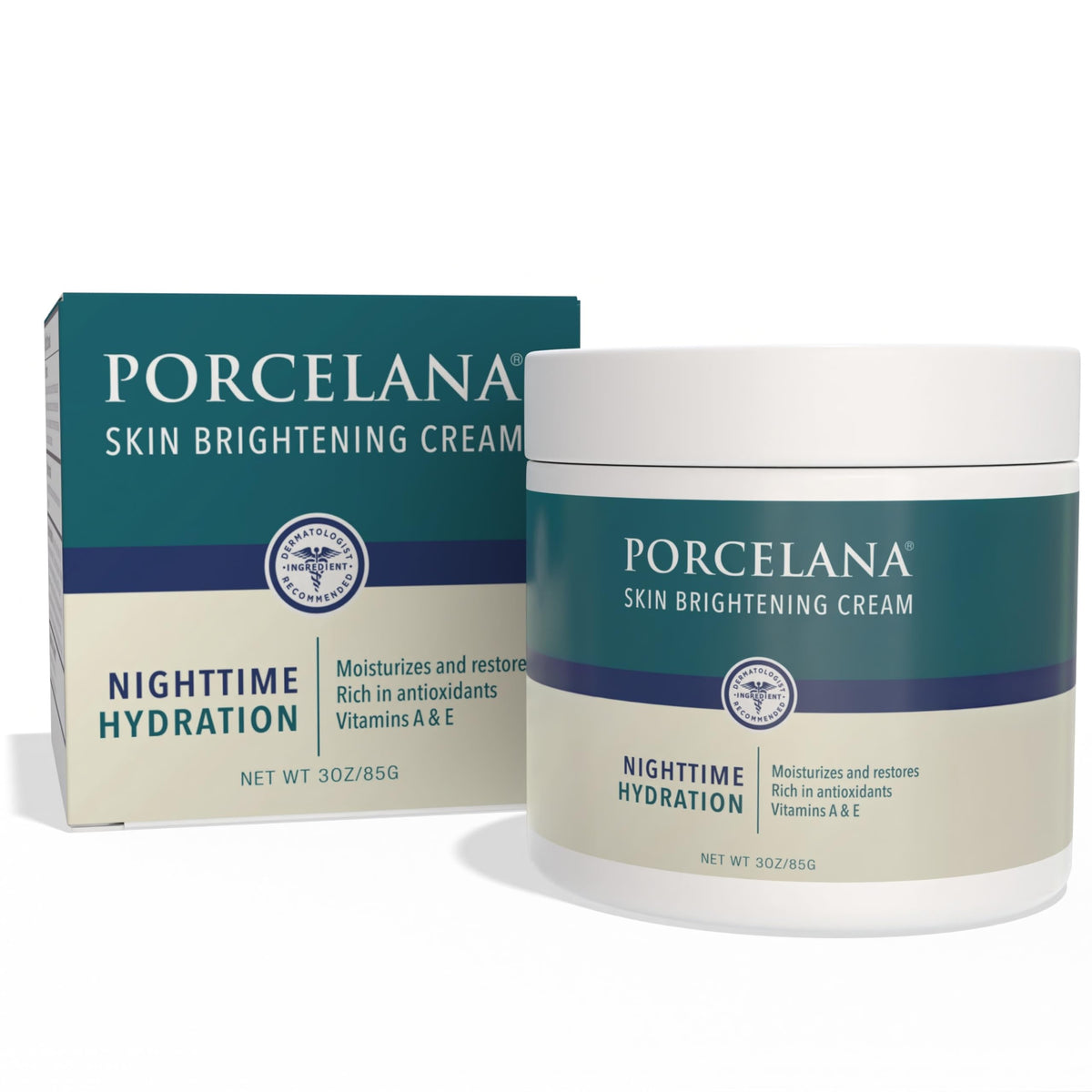Porcelana jar front view showing nightly cream and clear label benefits
