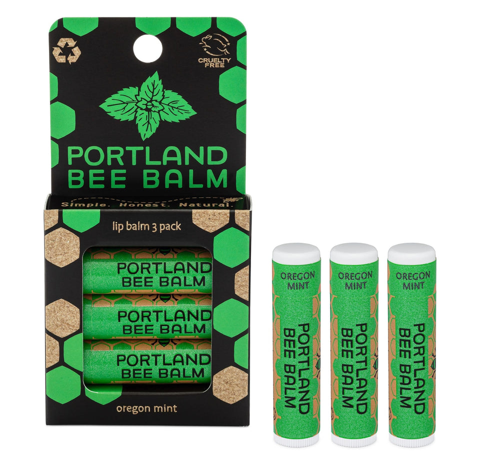 Portland Bee Balm front packaging showing Oregon Mint three-count pack and natural branding