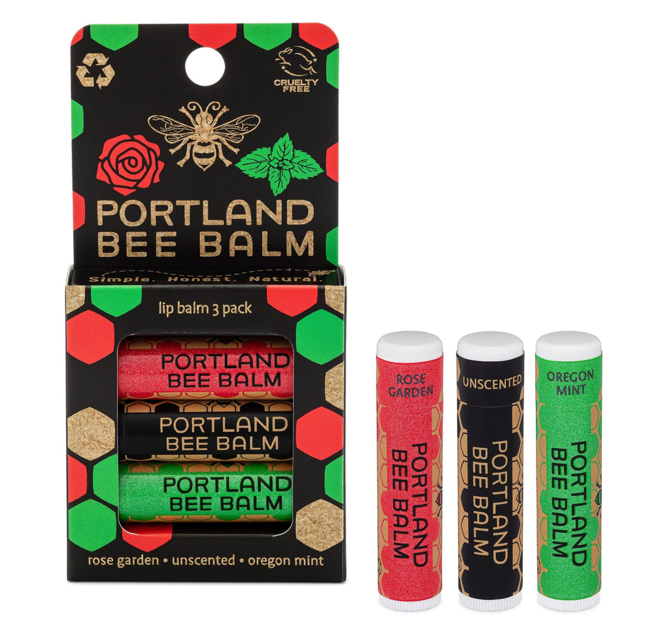 Portland Bee Balm front packaging showing three tubes and product variety benefit