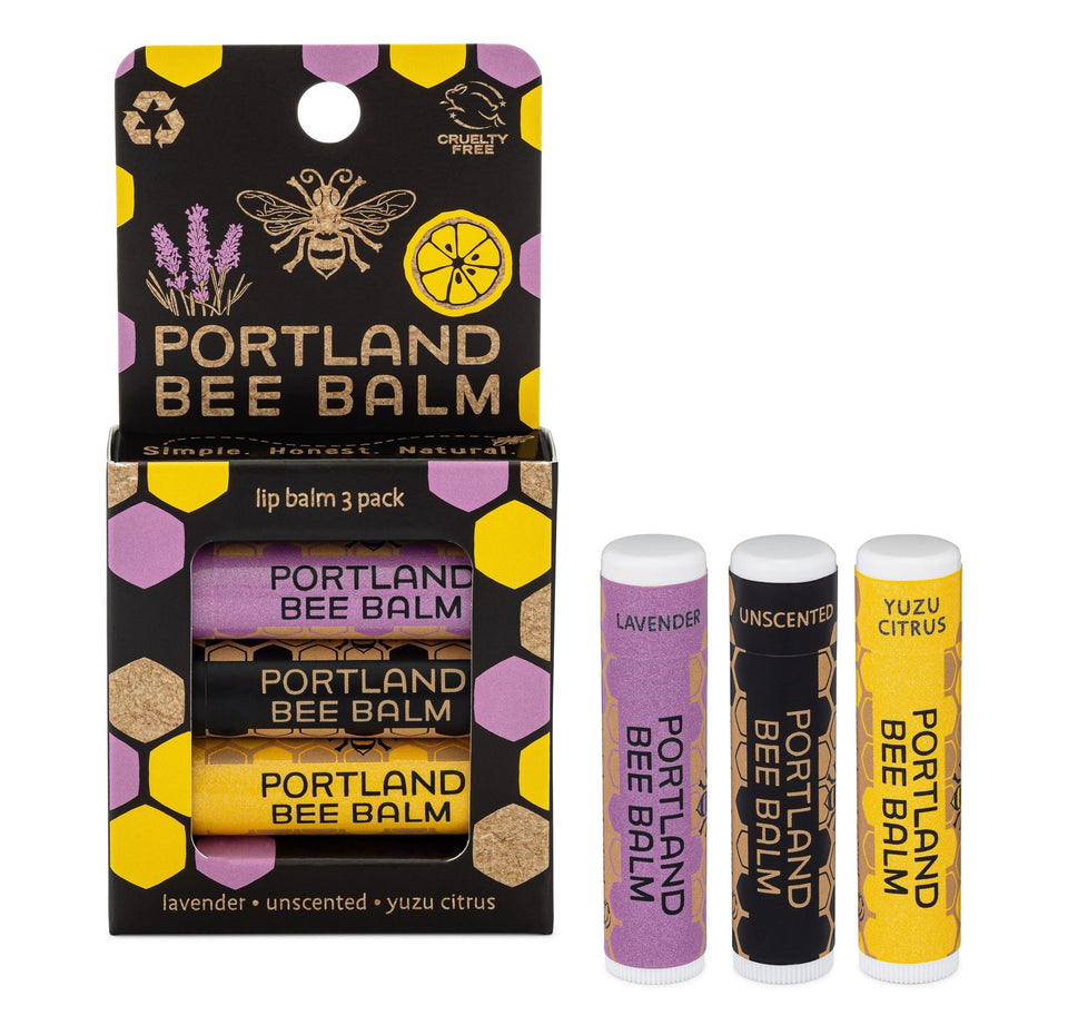 Portland Bee Balm front packaging showing three-count assortment and scent names preserving natural ingredients