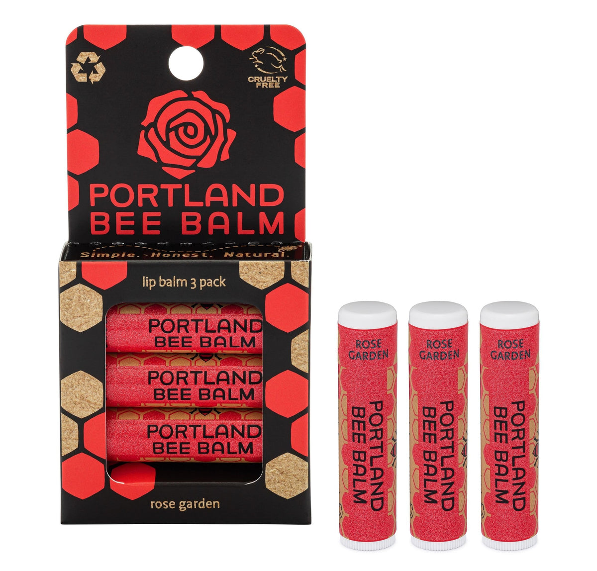 Portland Bee Balm front packaging showing rose garden three-pack and brand