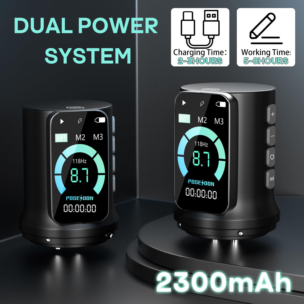 POSEIDON twin 2300mAh batteries with USB-C charger for long-lasting sessions