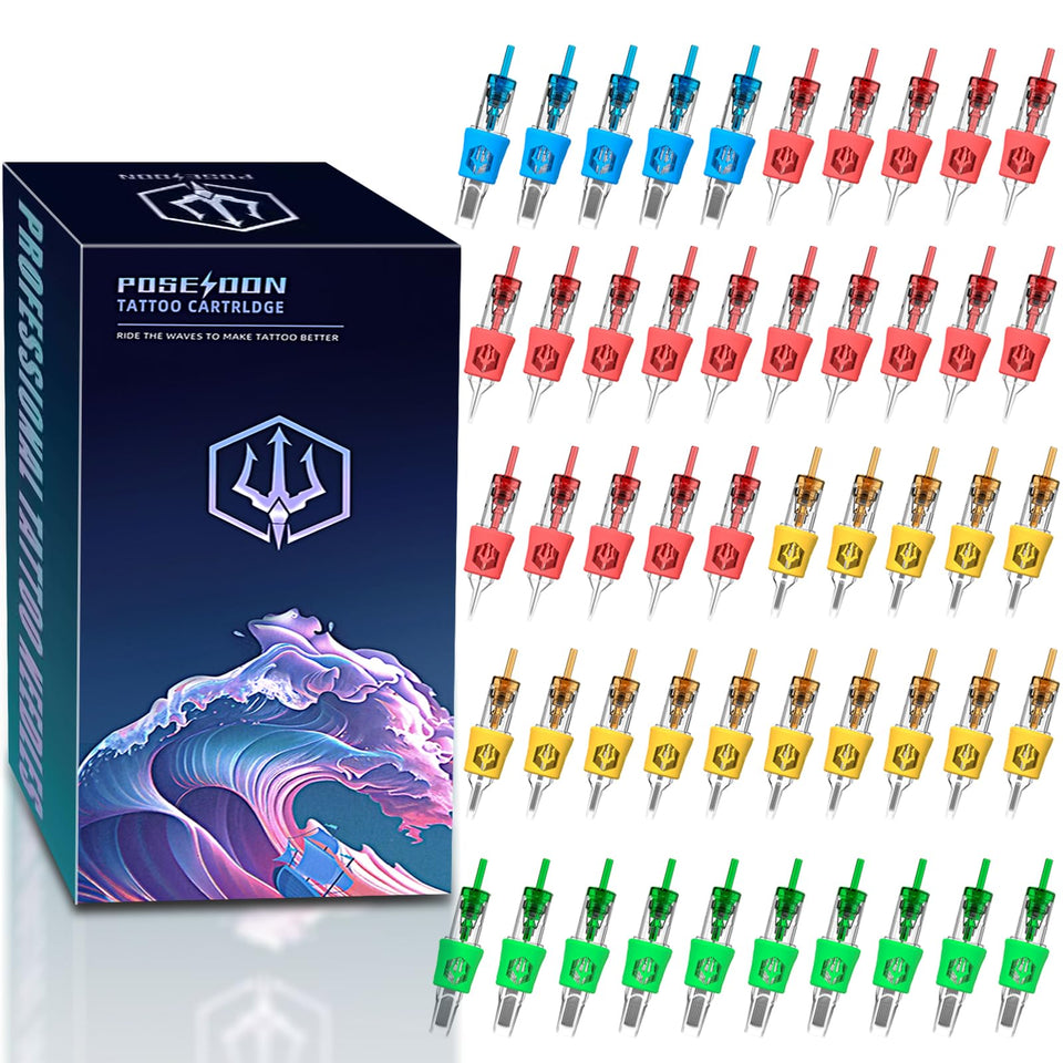 POSEIDON front packaging showing 50 cartridges and sterilized blister packs for convenience