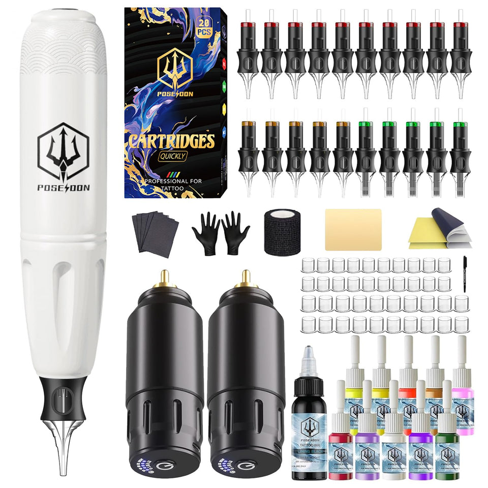 POSEIDON front view of wireless rotary pen and complete starter accessories, ready to use