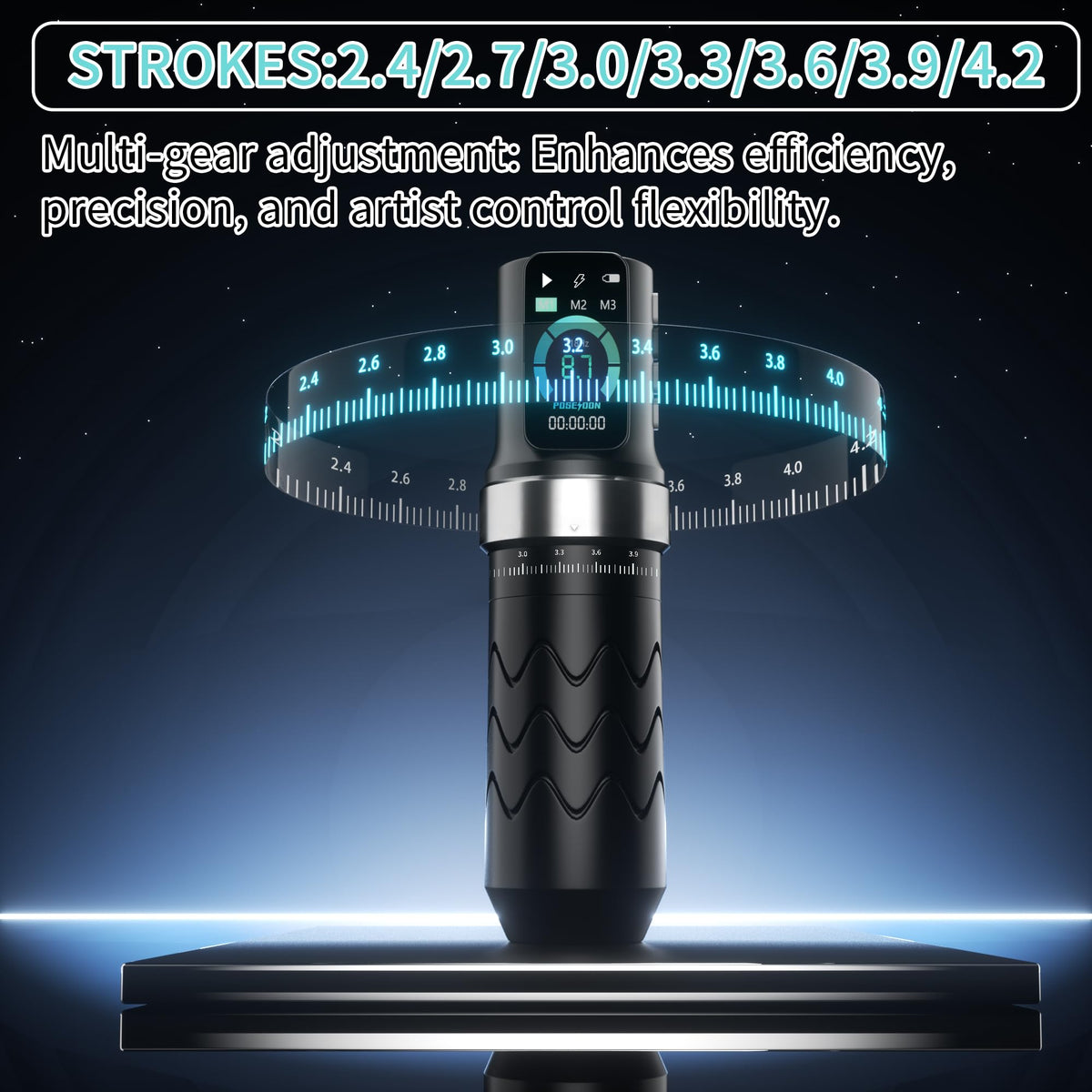 POSEIDON tattoo pen close-up highlighting ergonomic grip for steady control