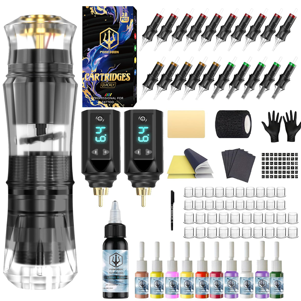 POSEIDON front view of cordless tattoo pen showing ergonomic shape and finish