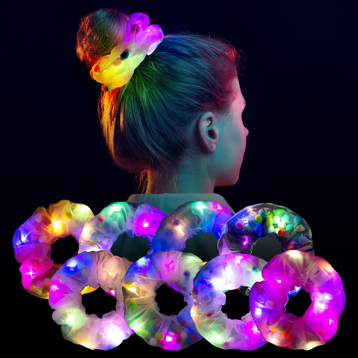 POZILAN front packaging showing eight colorful LED scrunchies and benefits