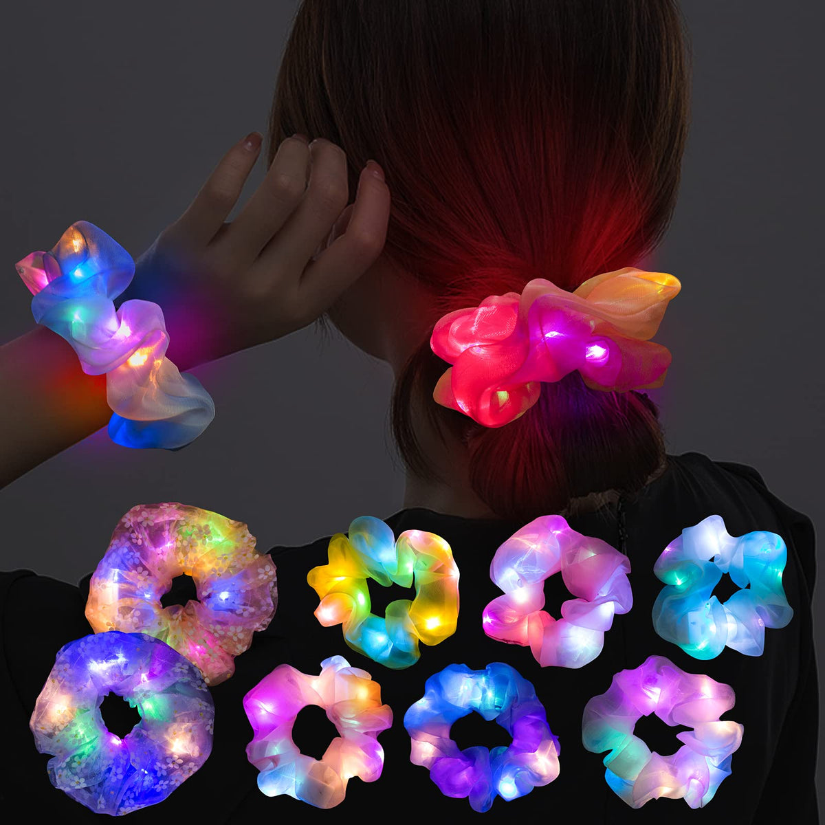 POZILAN front packaging showing 8 colorful LED scrunchies ideal for parties
