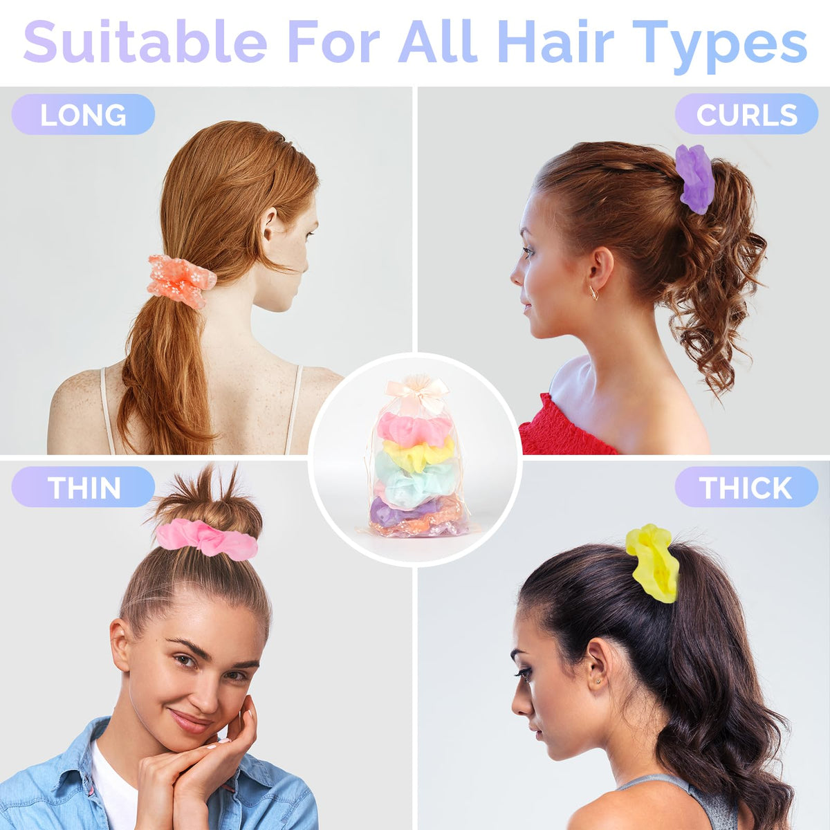 POZILAN scrunchie in a ponytail demonstrating secure hold and glowing effect