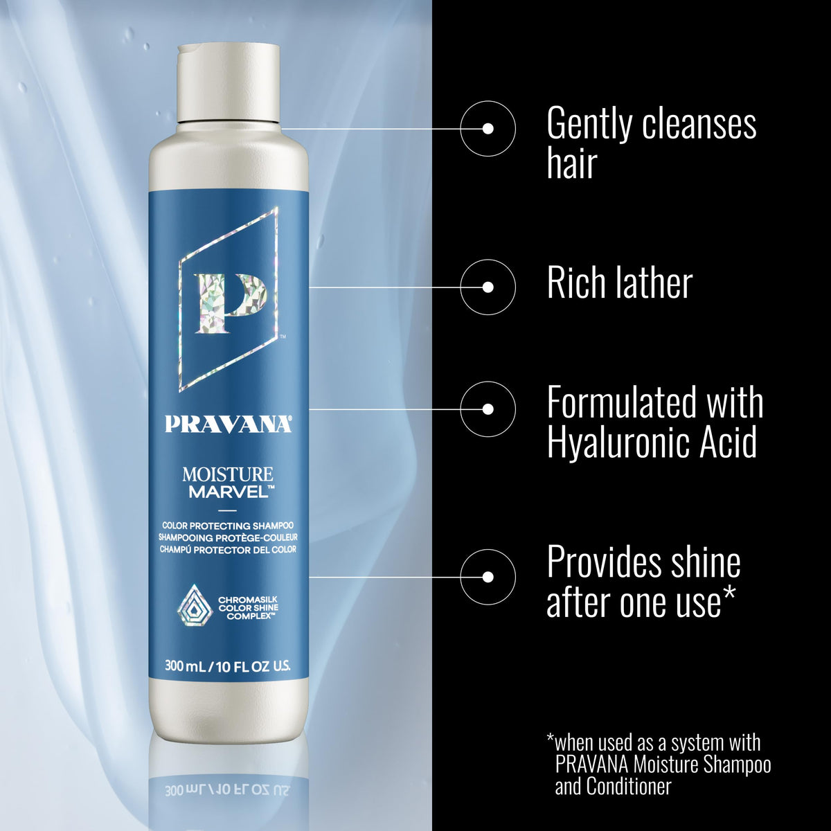 Pravana bottle dispensing shampoo, demonstrating easy application and smooth texture