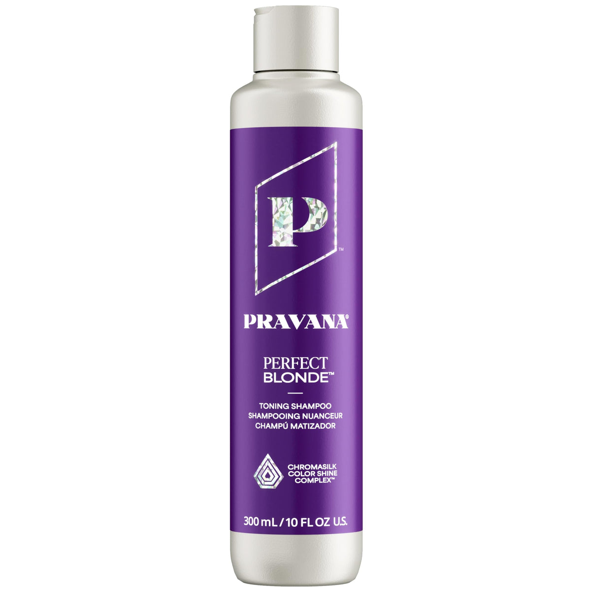 Pravana front bottle showing label and purple shampoo for easy identification and tone control