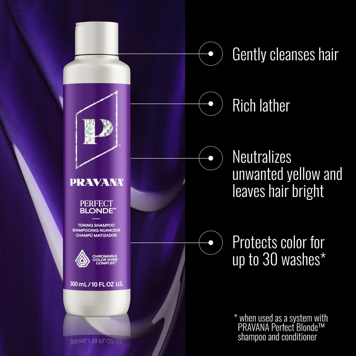 Pravana purple shampoo lather close-up showing creamy texture and conditioning benefit
