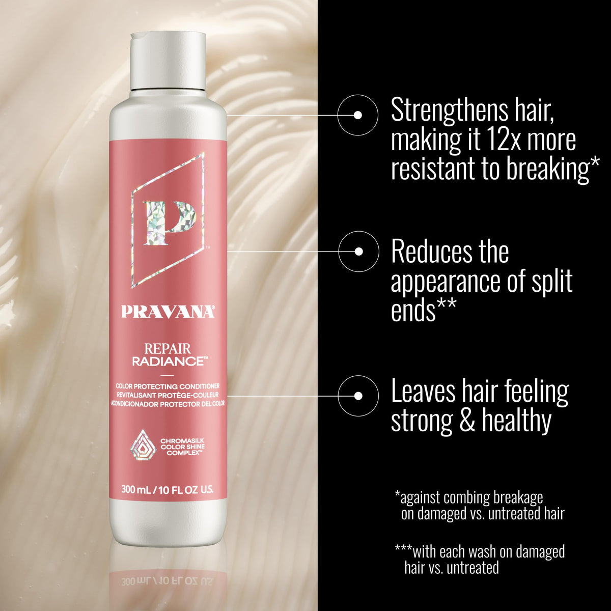 close-up creamy texture of Pravana Repair Radiance conditioner showing rich moisturizing feel