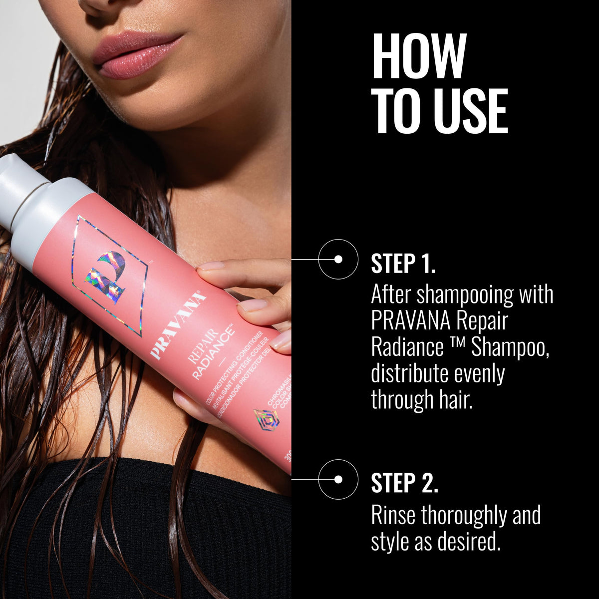 hand holding Pravana Repair Radiance conditioner to show real-life size and packaging convenience