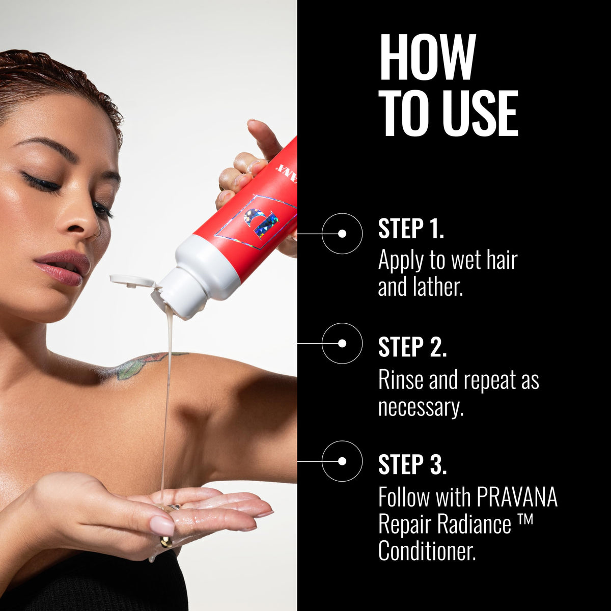 Pravana shampoo pouring from bottle illustrating easy dispensing