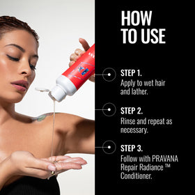 Pravana shampoo pouring from bottle illustrating easy dispensing