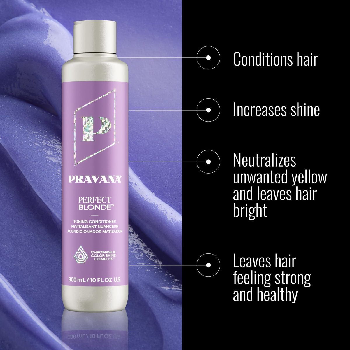 Purple conditioner texture pouring from bottle demonstrating toning pigment