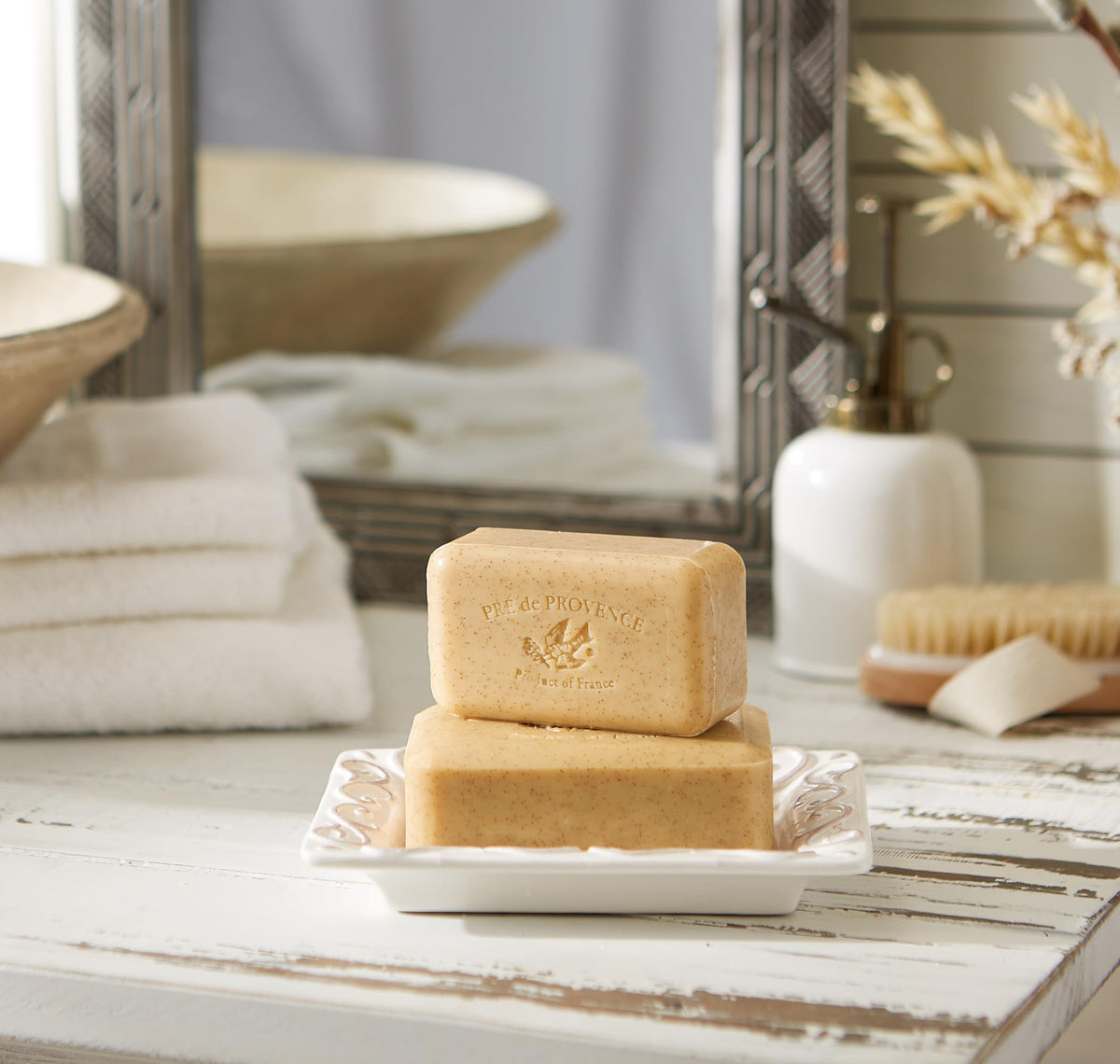 Pré de Provence soap on bathroom counter creating a refined, inviting atmosphere
