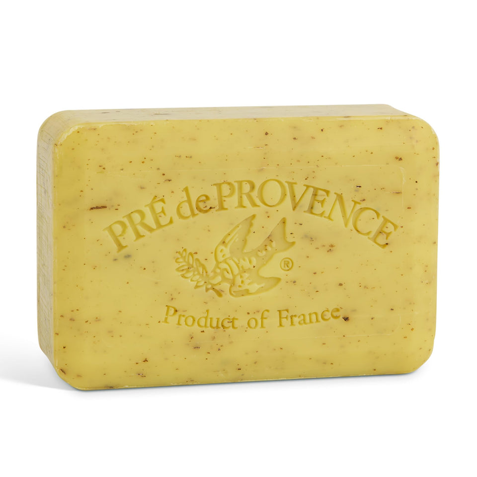 Pre de Provence front packaging showing lemongrass scent and elegant label benefit: clear product identity