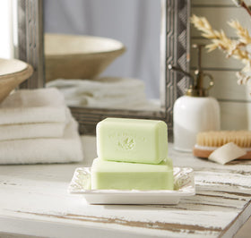 Pre de Provence lather in hand illustrating creamy shea-enriched foam for soft skin