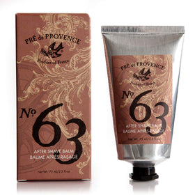 Pre de Provence front view of No.63 after shave balm showing label and bottle benefit soothing