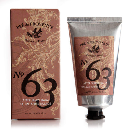 Pre de Provence front view of No.63 after shave balm showing label and bottle benefit soothing