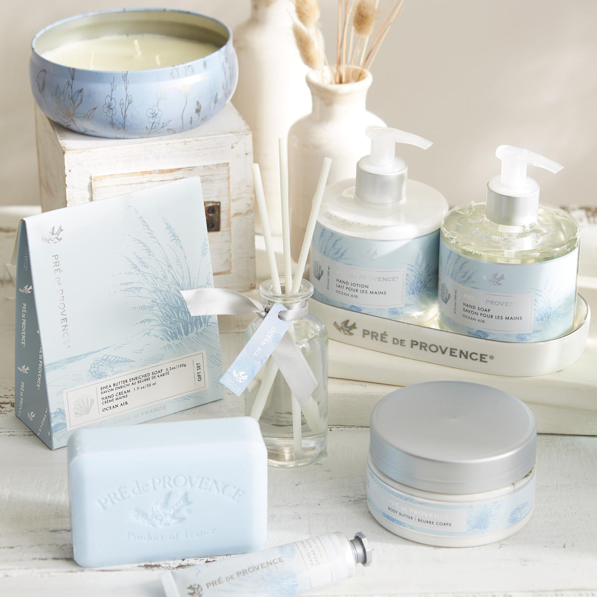 Pre de Provence on bathroom shelf styled to show elegant everyday luxury benefit