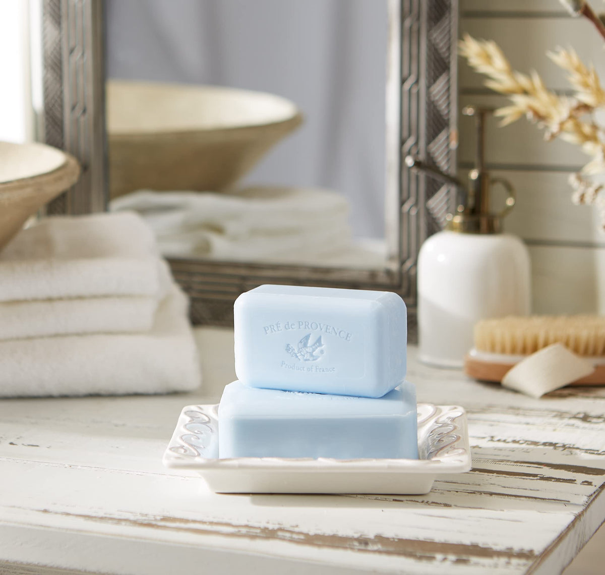 Pre de Provence soap lathered into foam demonstrating creamy moisturizing benefit