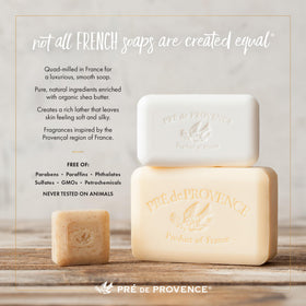 Pré de Provence soap held next to hand to show true 8.8 oz scale and heft