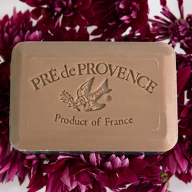 Pré de Provence soap styled by bathroom sink adding fragrance and visual appeal