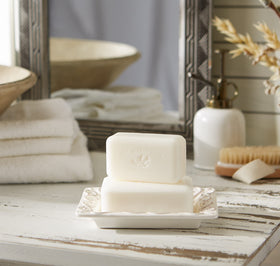 Pré de Provence bar held in hand to show 150g scale and convenient portability benefit