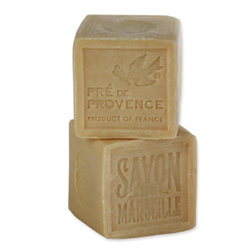 Pre de Provence soap cube applied to fabric as laundry pre-treatment for stain removal benefit