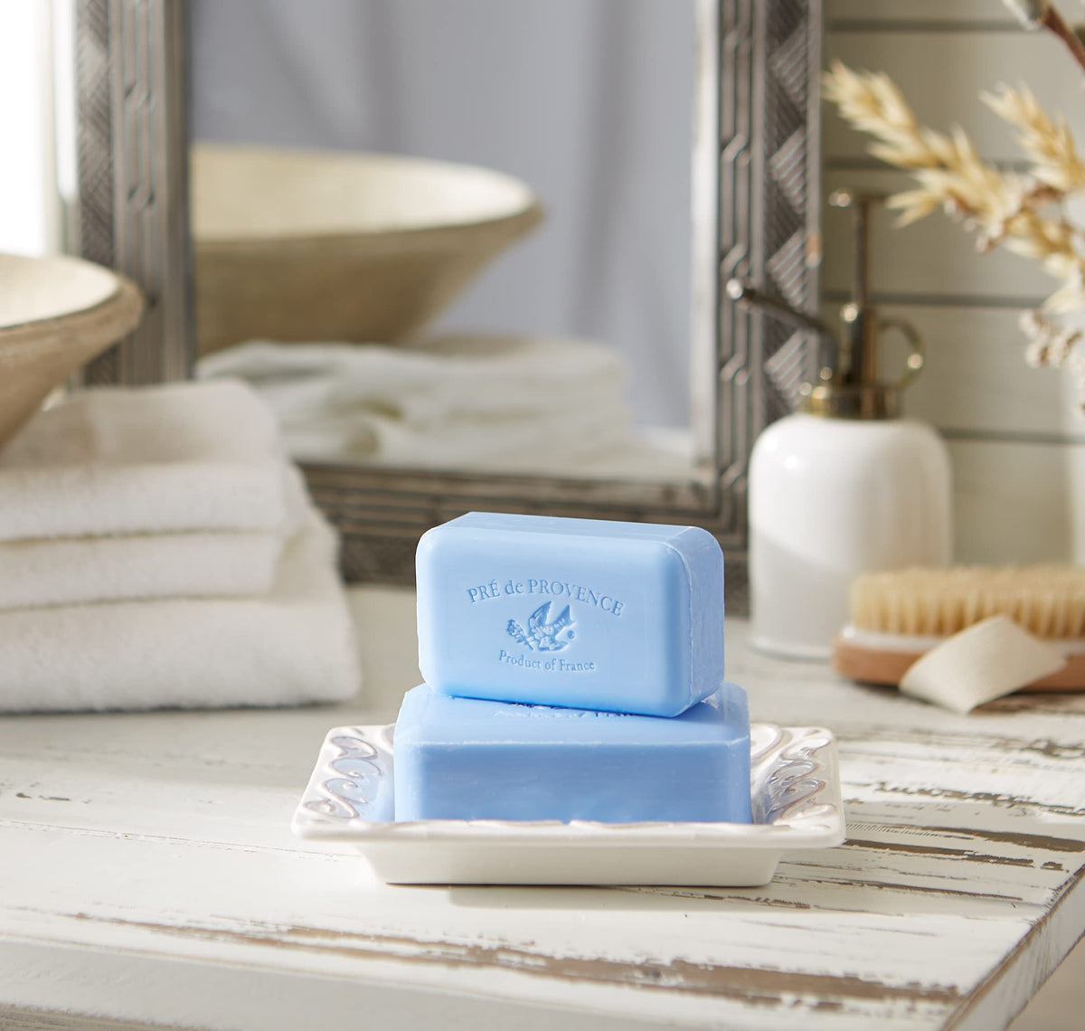 Pre de Provence rich lather foam on hand illustrating creamy cleansing
