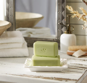 Pre de Provence quad-milled texture detail showing dense creamy lather benefit