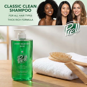 Prell pouring into hand creating rich lather that clarifies and refreshes hair