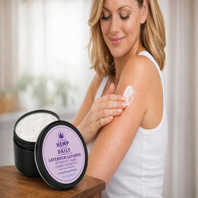 Premium Hemp Extract Daily being massaged into shoulder for quick targeted relief