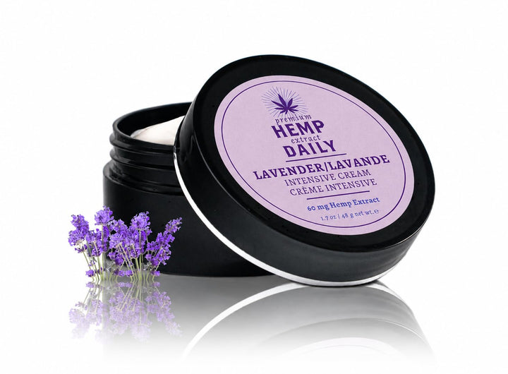 Premium Hemp Extract Daily front jar showing lavender label and compact size benefit