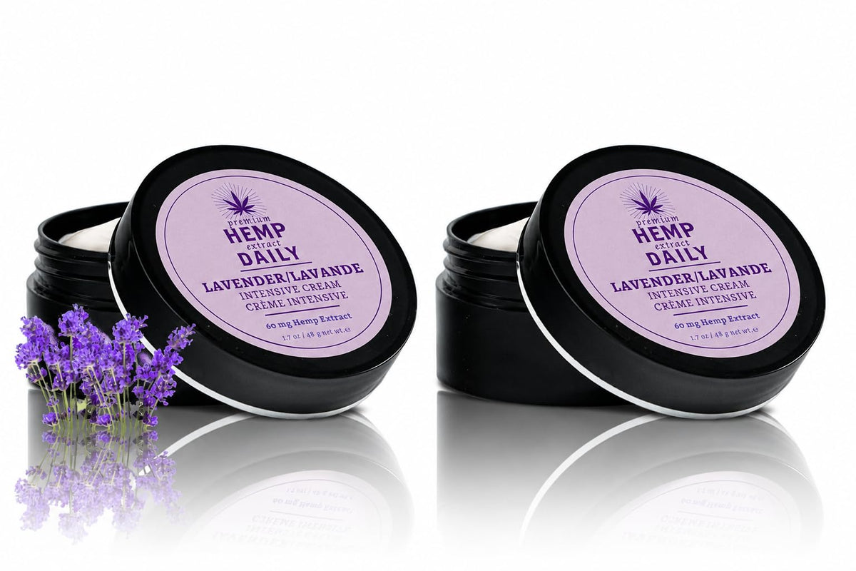 Premium Hemp Extract Daily front packaging showing twin lavender tubes and clear branding