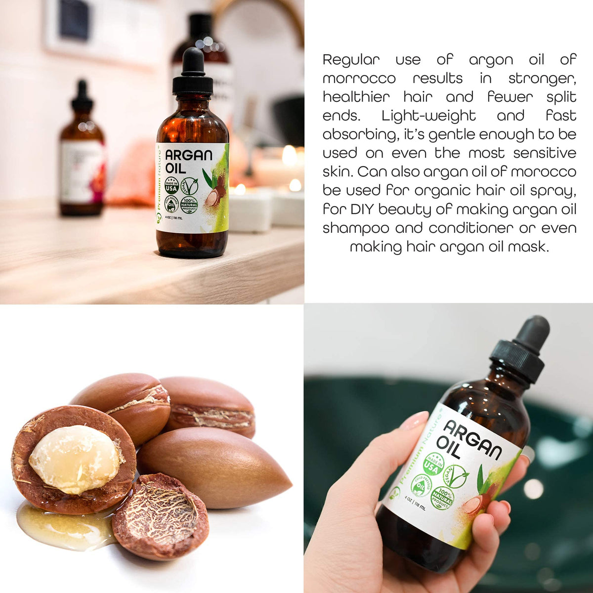 Premium Nature applied to hair ends illustrating frizz control and shine benefit