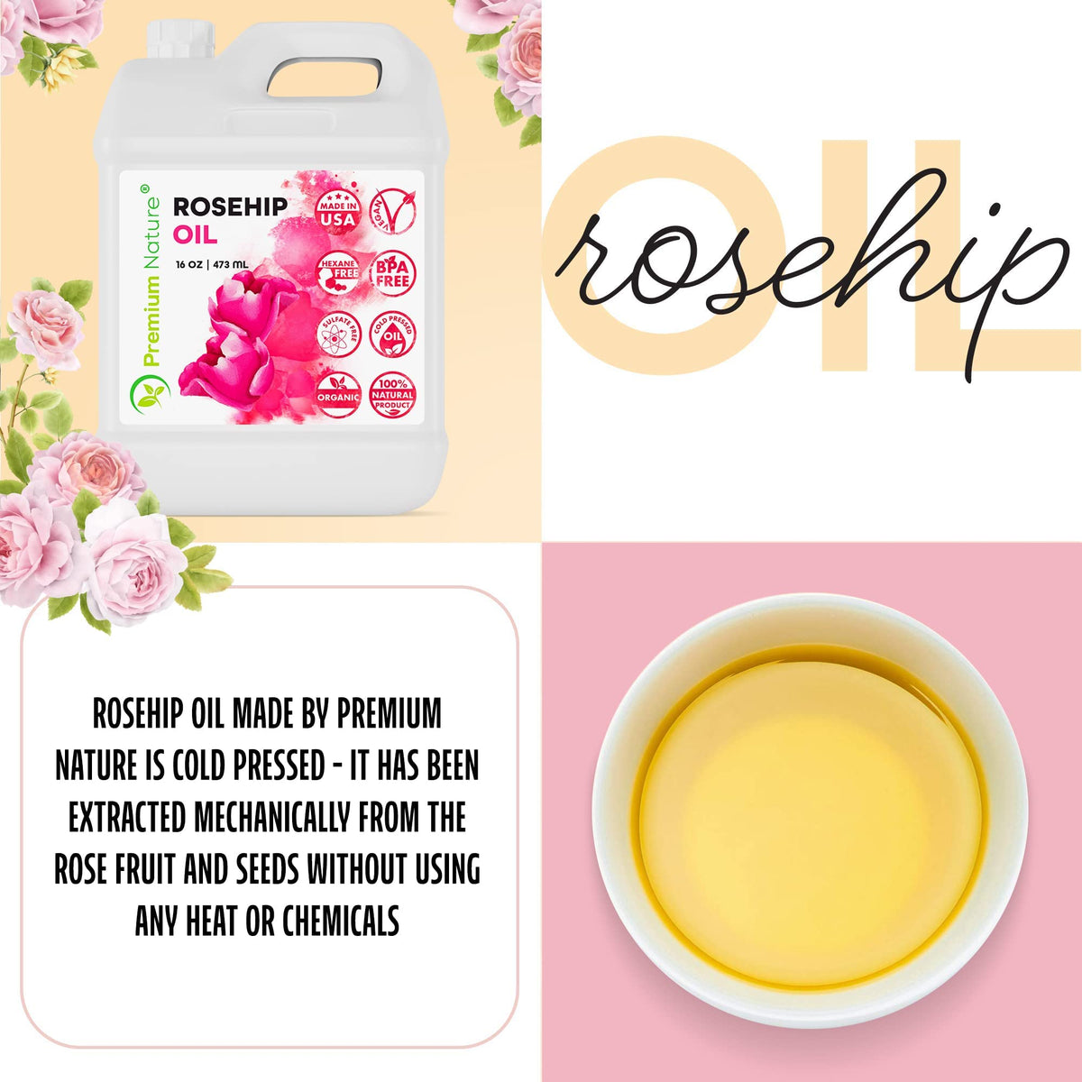 Premium Nature close-up label emphasizing cold-pressed unrefined formulation benefit