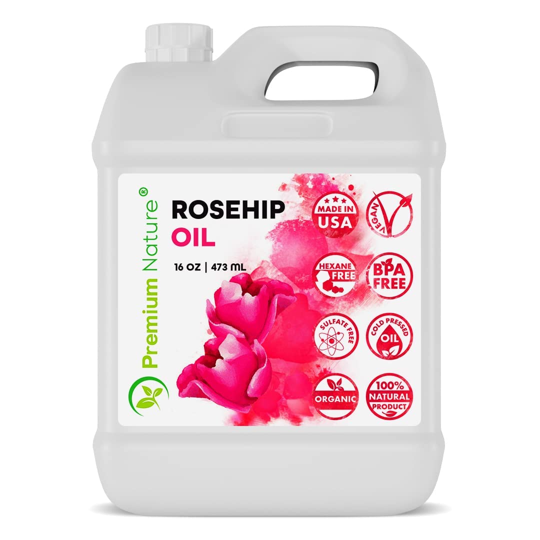 Premium Nature front bottle showing 16 oz size and pure rosehip oil benefits
