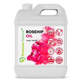 Premium Nature front bottle showing 16 oz size and pure rosehip oil benefits