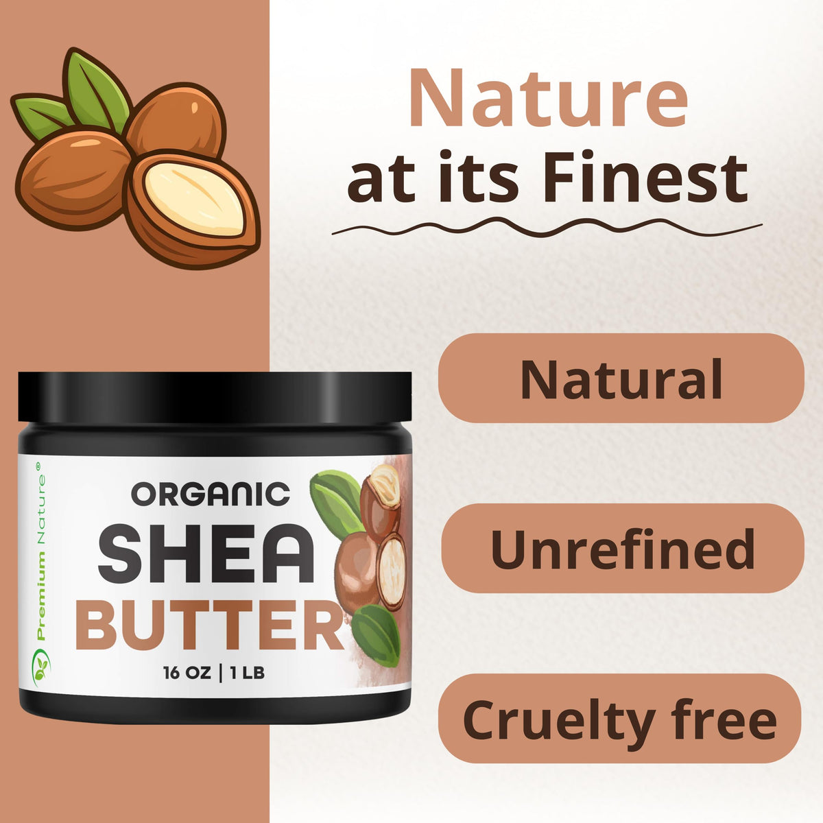 Premium Nature scoop of shea butter in hand demonstrating easy melting and application