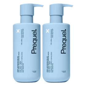 Prequel front packaging of two unscented lotion bottles showing convenience and value