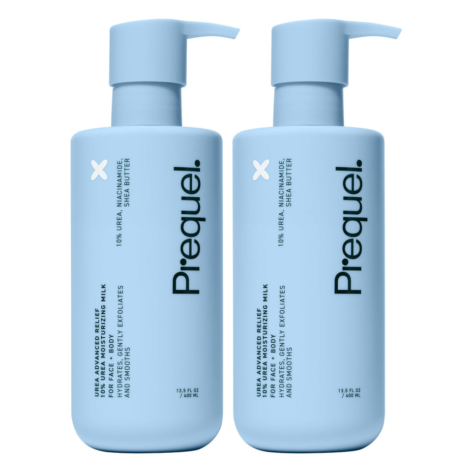 Prequel front packaging of two unscented lotion bottles showing convenience and value