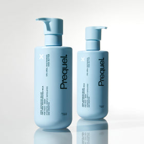 Prequel bottle on bathroom counter styled to show daily skincare routine benefit