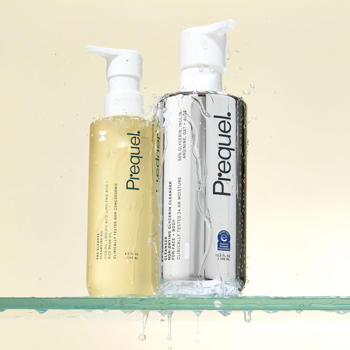 Prequel bottle beside a water-based cleanser illustrating double-cleansing routine benefit