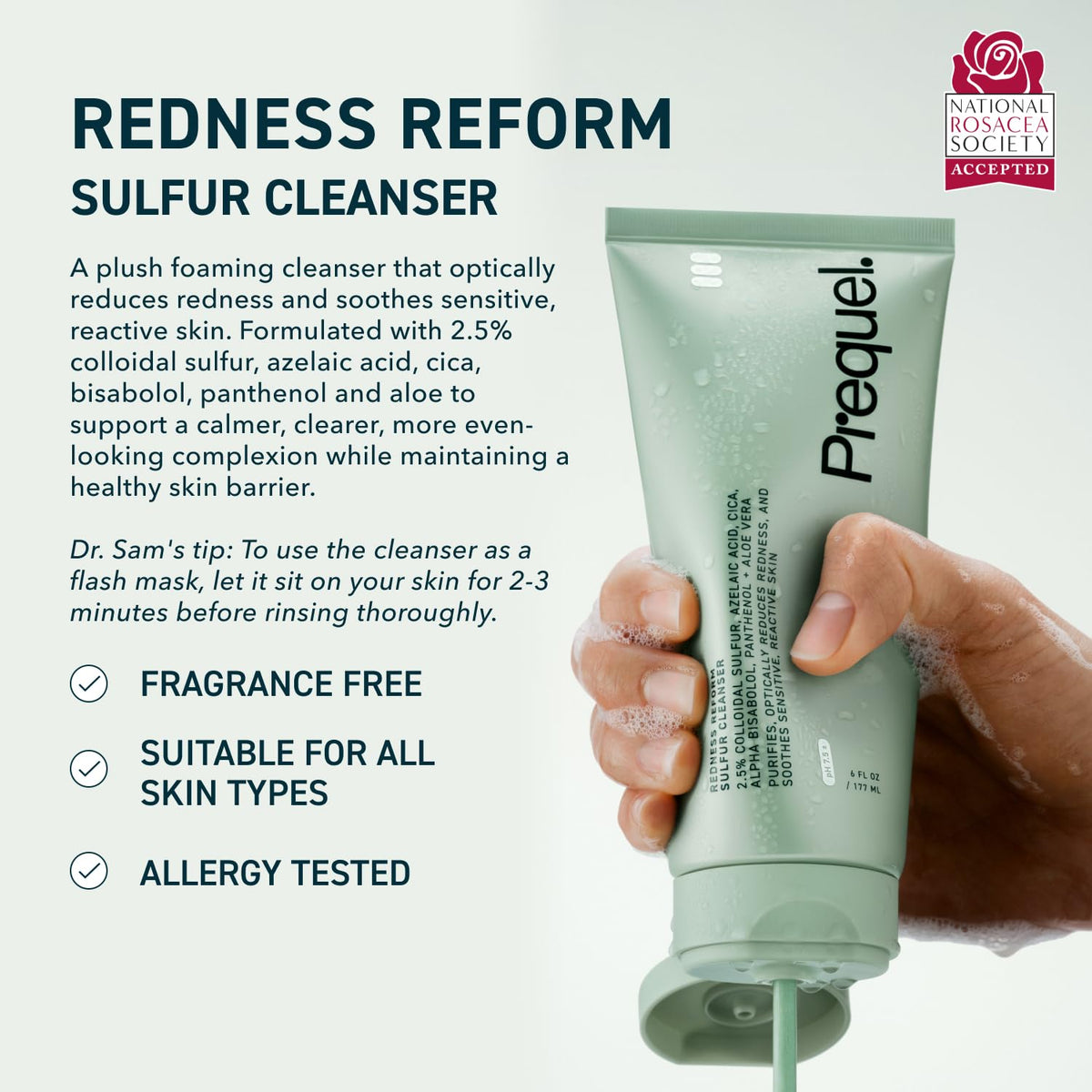 Prequel label close-up showing active ingredients and benefits on bottle