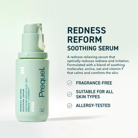 Prequel Redness Reform serum texture drops on hand highlighting lightweight absorption