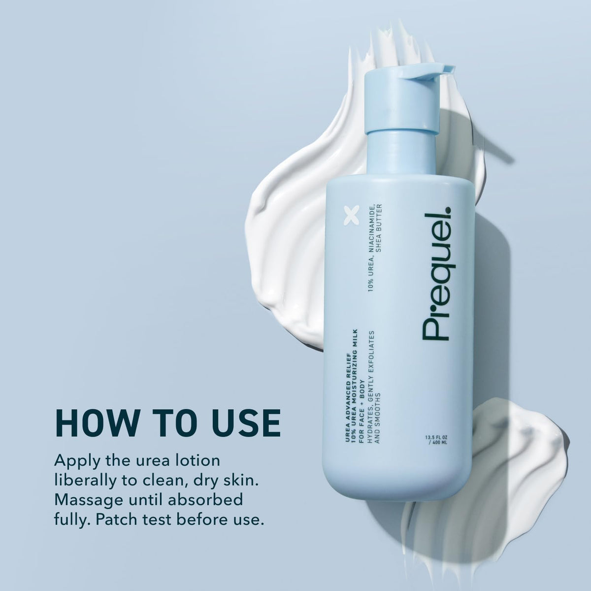 Prequel bottle next to a hand for size comparison and portable moisturizing benefit